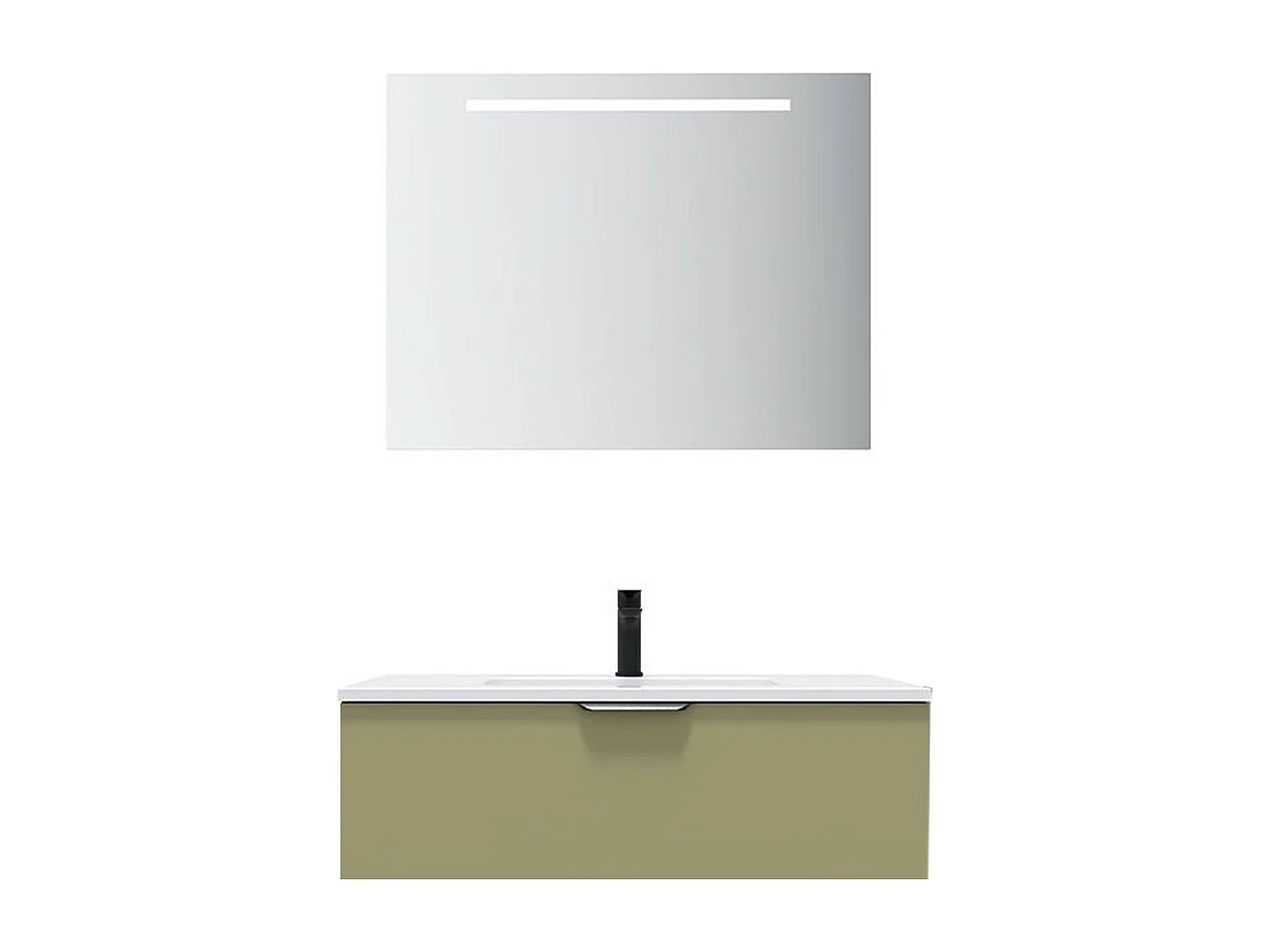 Meuble de salle de bain suspendu vasque intégrée 90cm 1 tiroir Vert olive + miroir - Soho