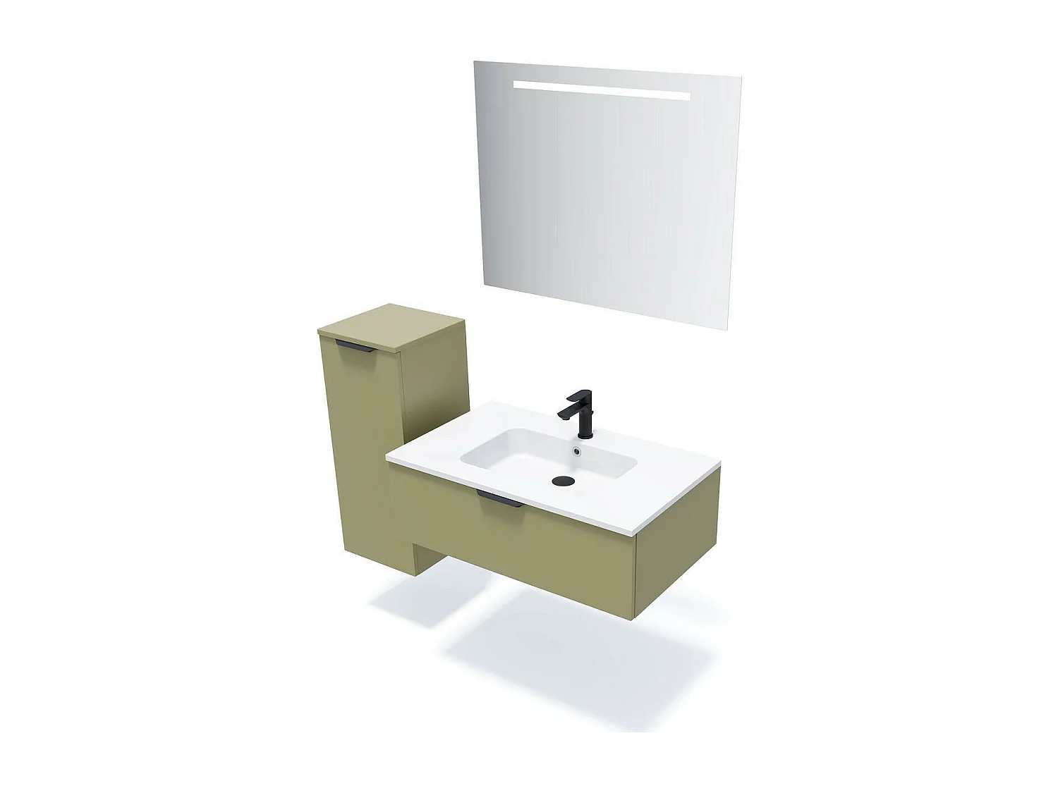 Meuble de salle de bain suspendu vasque intégrée 90cm 1 tiroir Vert olive + miroir - Soho