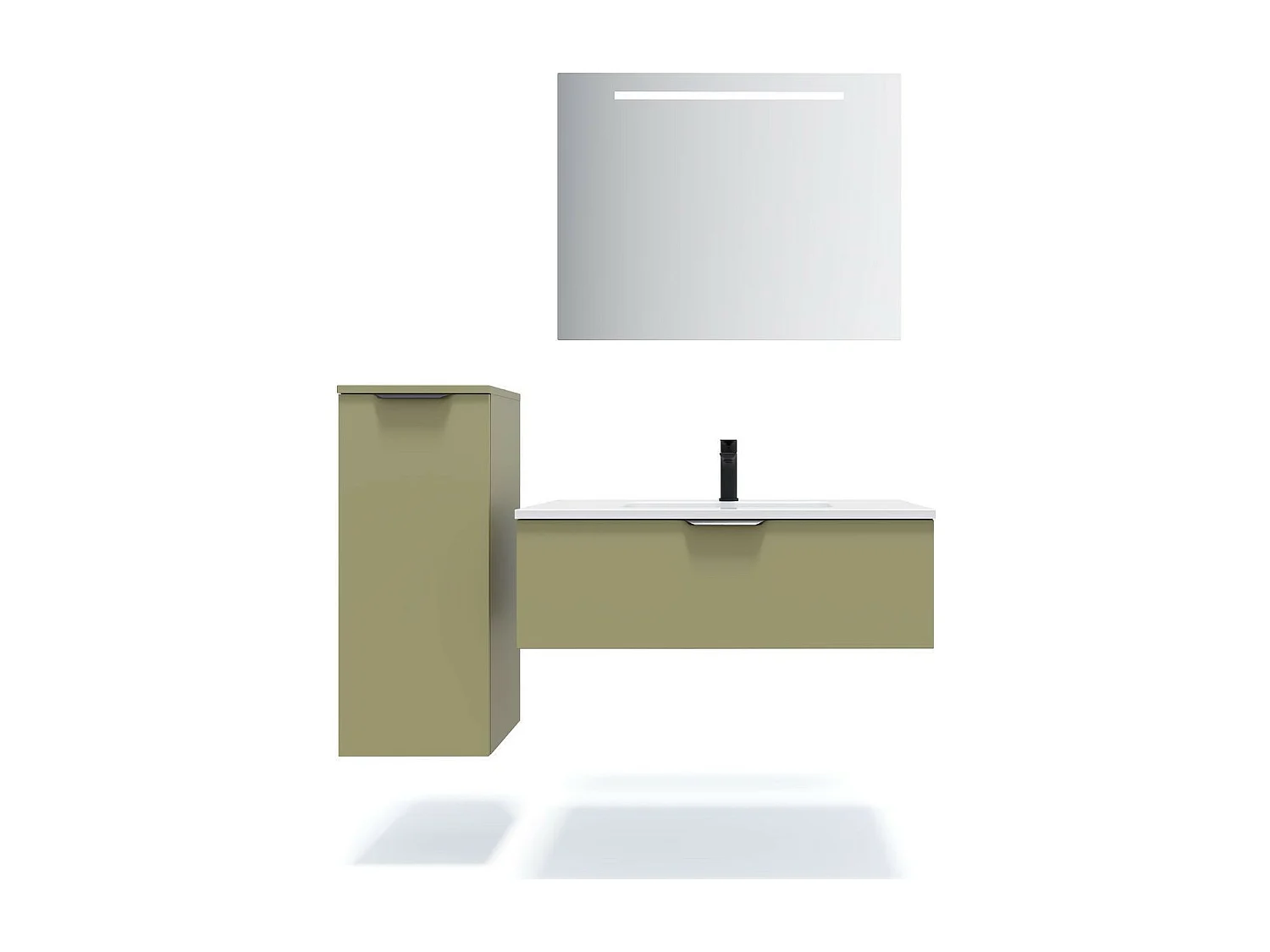 Meuble de salle de bain suspendu vasque intégrée 90cm 1 tiroir Vert olive + miroir - Soho