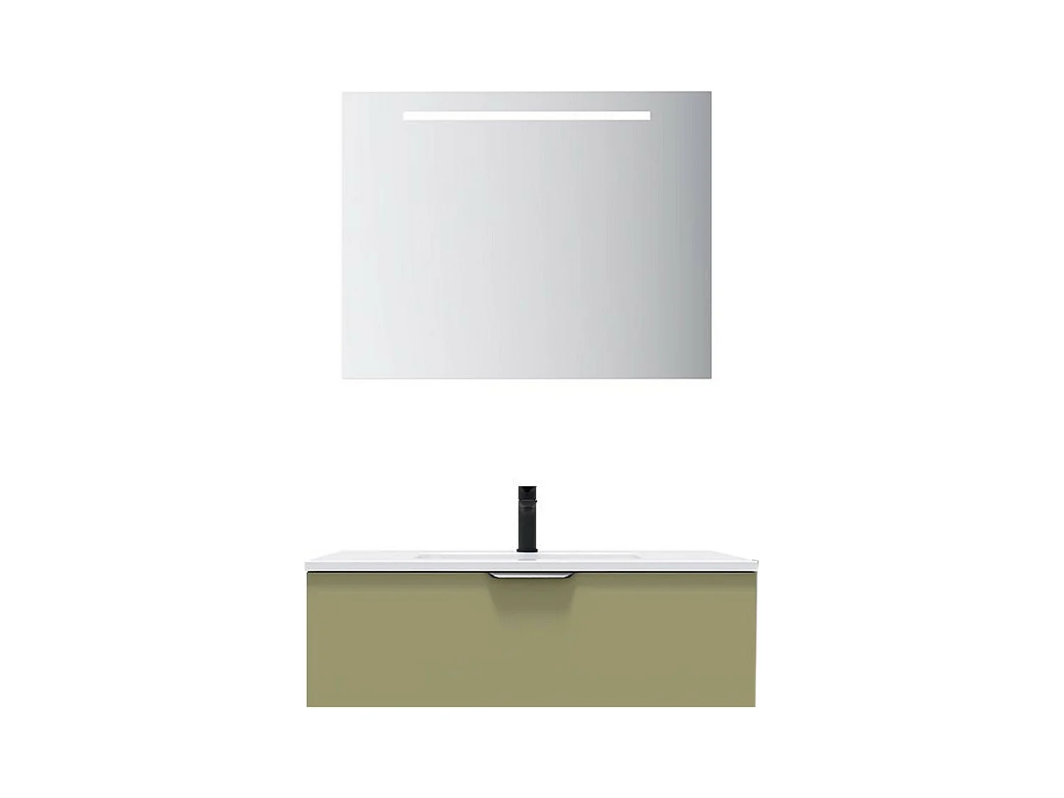 Meuble de salle de bain suspendu vasque intégrée 90cm 1 tiroir Vert olive + miroir - Soho