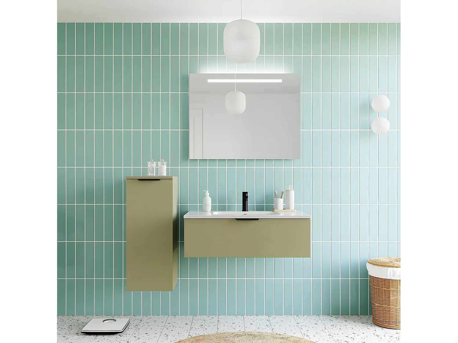 Meuble de salle de bain suspendu vasque intégrée 90cm 1 tiroir Vert olive + miroir - Soho
