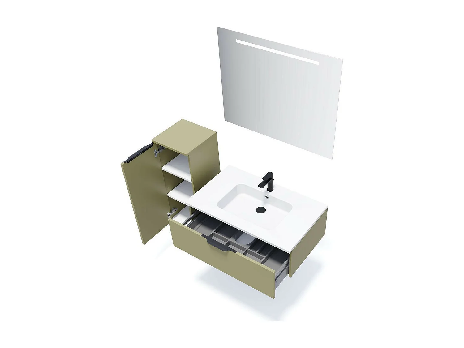 Meuble de salle de bain suspendu vasque intégrée 90cm 1 tiroir Vert olive + miroir - Soho