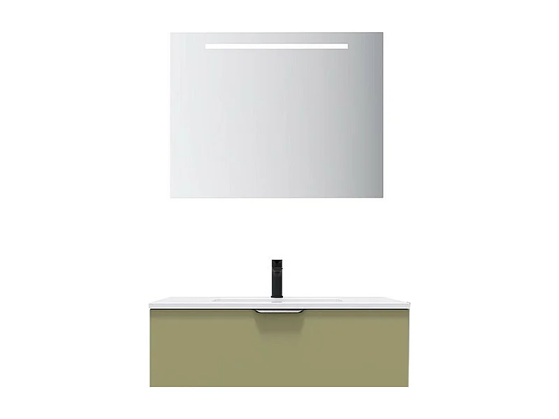 Meuble de salle de bain suspendu vasque intégrée 90cm 1 tiroir Vert olive + miroir - Soho