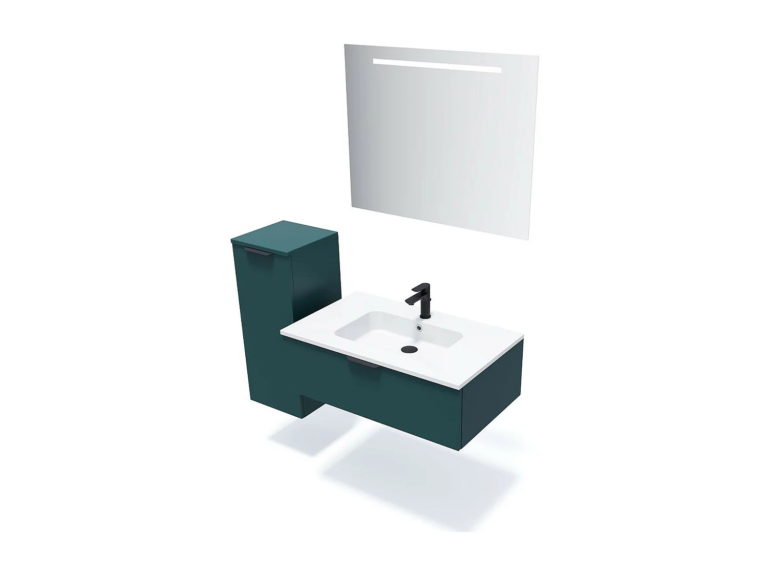 Meuble de salle de bain suspendu vasque intégrée 90cm 1 tiroir Bleu + miroir - Soho