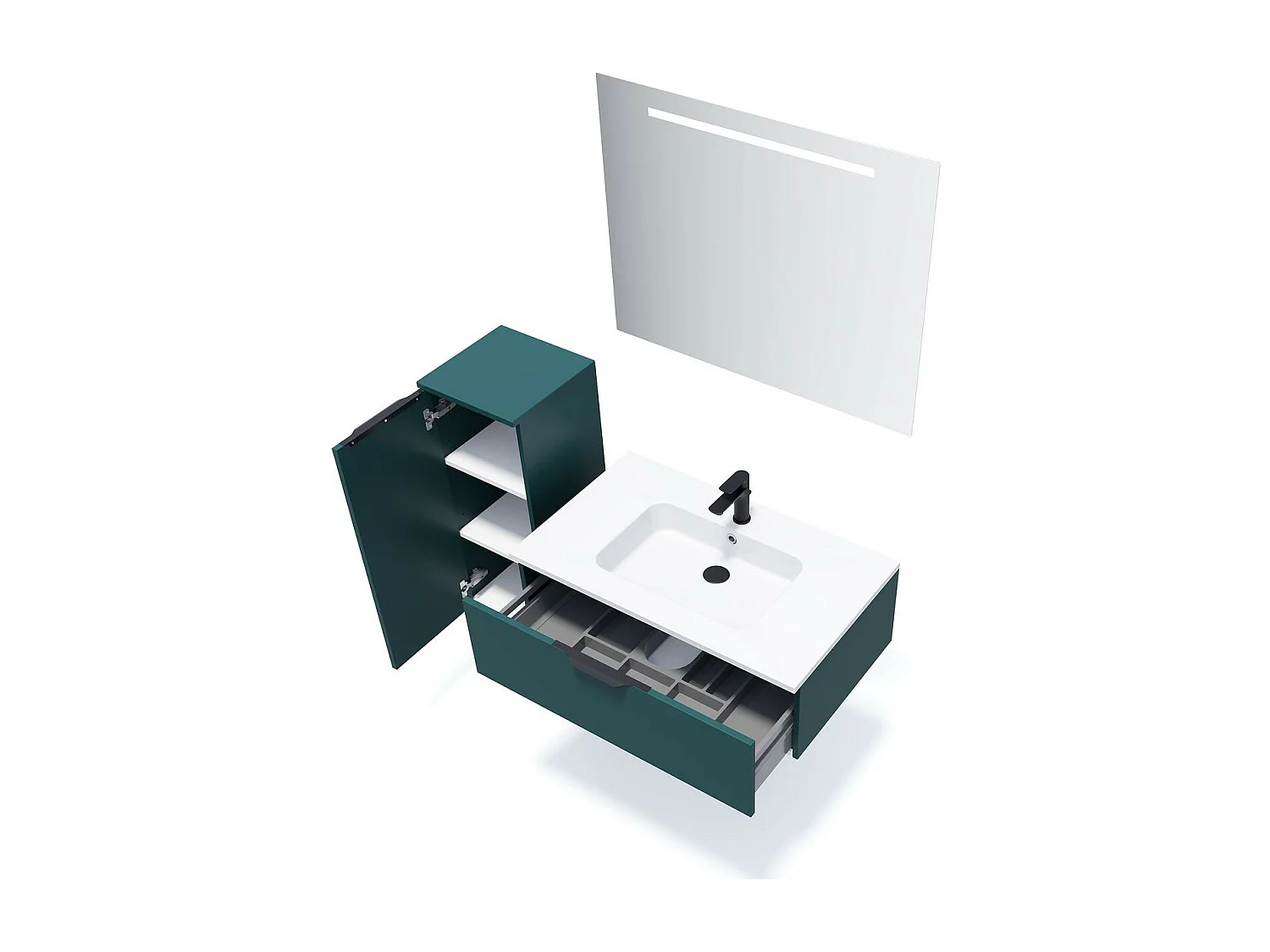 Meuble de salle de bain suspendu vasque intégrée 90cm 1 tiroir Bleu + miroir - Soho