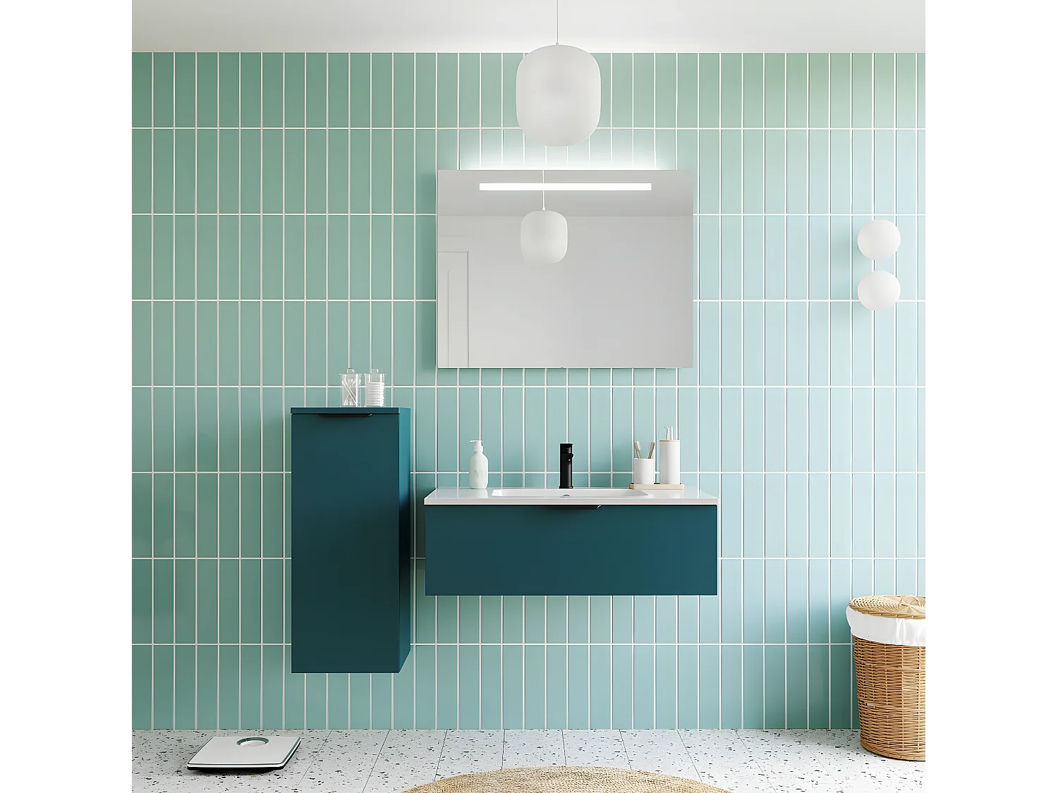 Meuble de salle de bain suspendu vasque intégrée 90cm 1 tiroir Bleu + miroir - Soho