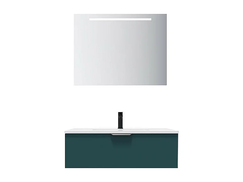 Meuble de salle de bain suspendu vasque intégrée 90cm 1 tiroir Bleu + miroir - Soho