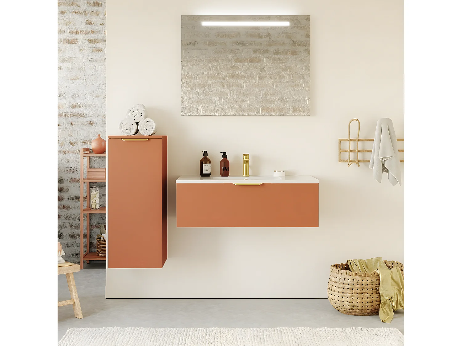 Meuble de salle de bain suspendu vasque intégrée 90cm 1 tiroir Terracotta + miroir - Venice