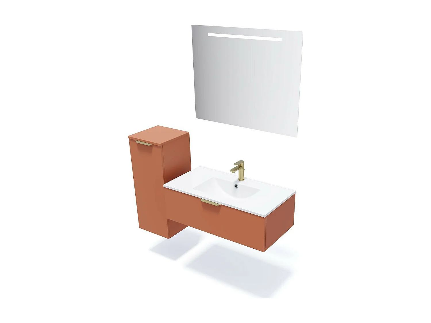 Meuble de salle de bain suspendu vasque intégrée 90cm 1 tiroir Terracotta + miroir - Venice