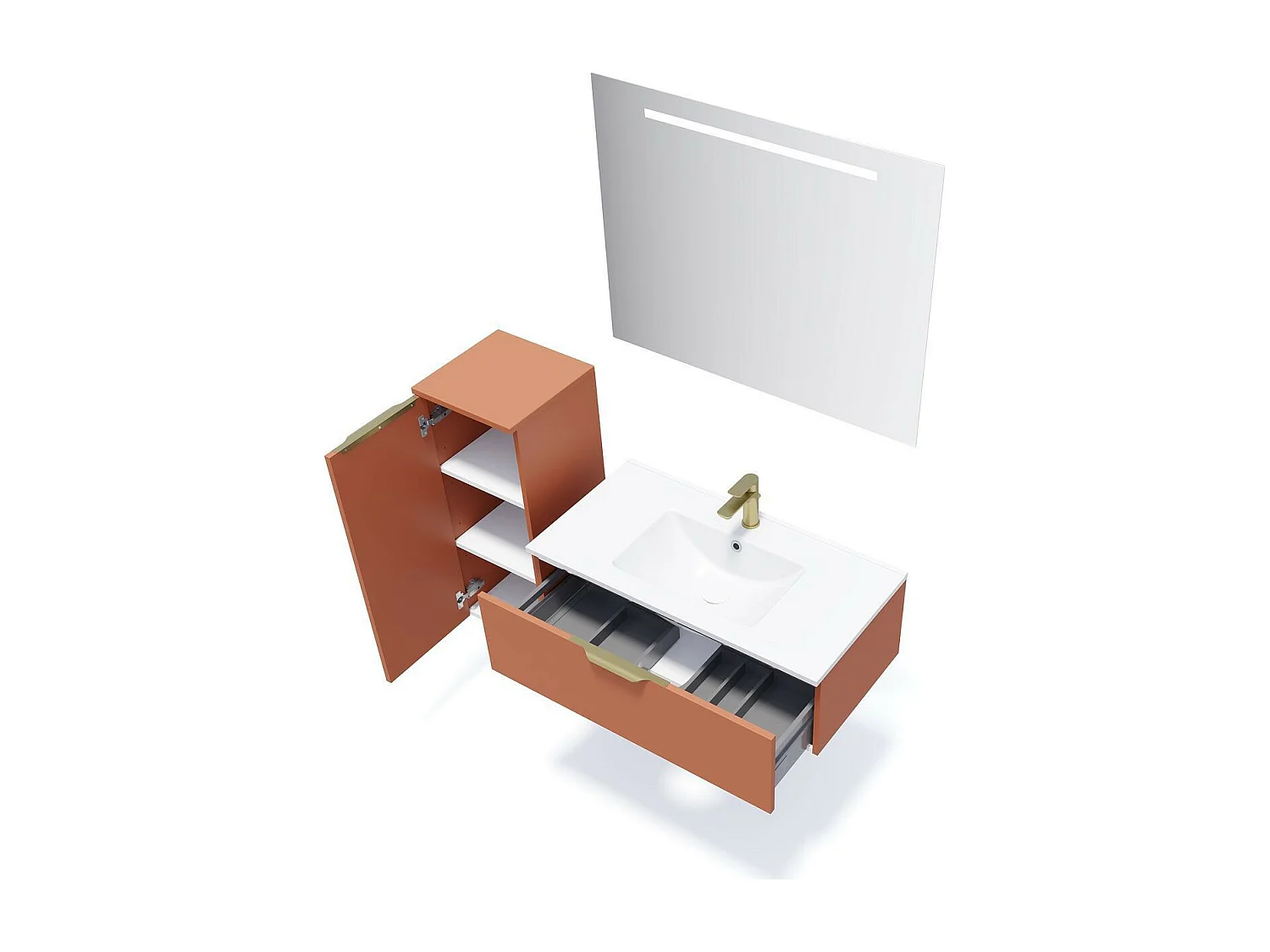 Meuble de salle de bain suspendu vasque intégrée 90cm 1 tiroir Terracotta + miroir - Venice