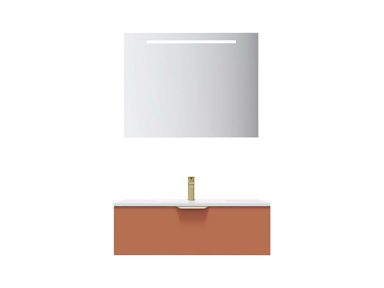 Meuble de salle de bain suspendu vasque intégrée 90cm 1 tiroir Terracotta + miroir - Venice