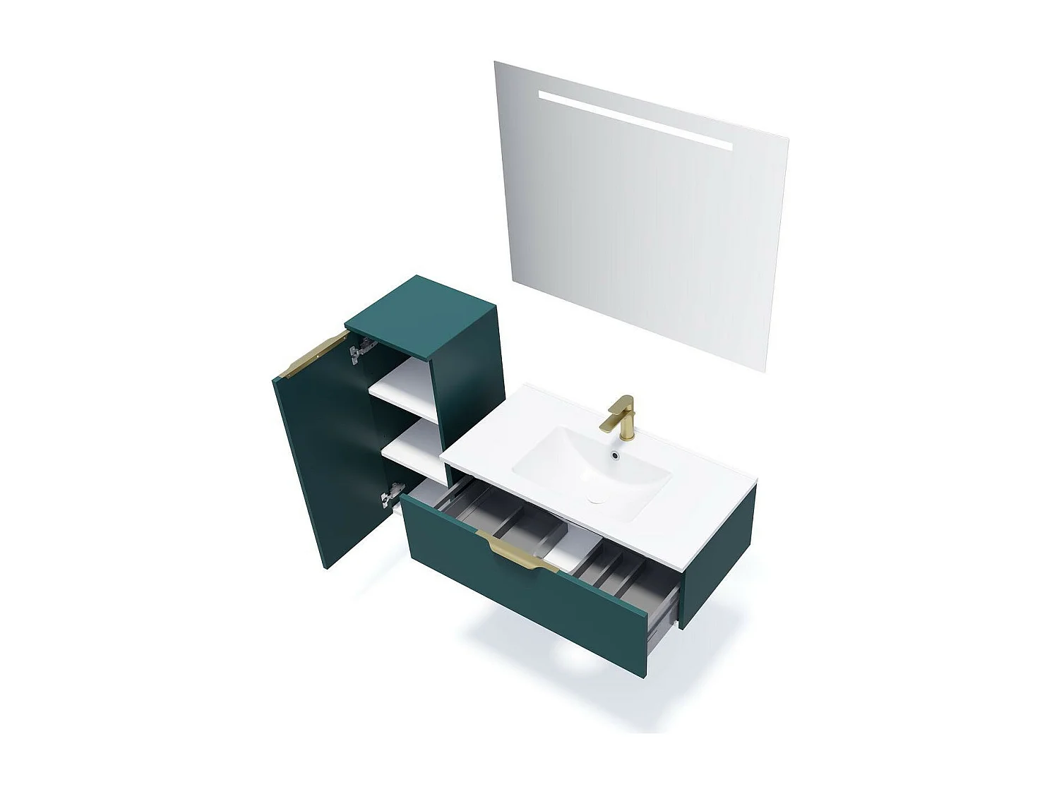 Meuble de salle de bain suspendu vasque intégrée 90cm 1 tiroir Bleu + miroir - Venice