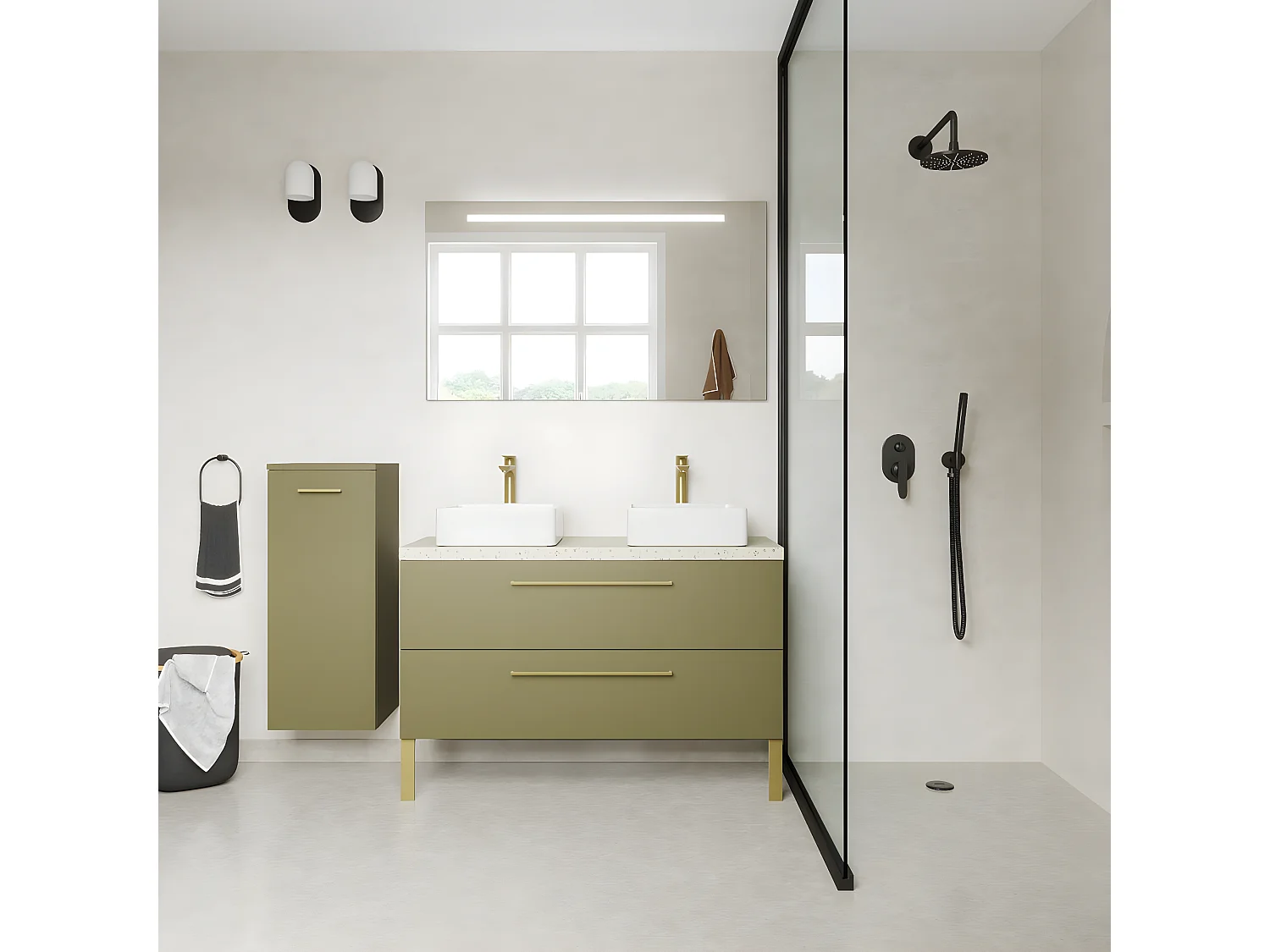 Meuble de salle de bain suspendu 2 vasques à poser 120cm 2 tiroirs Vert olive + miroir - Glasgow