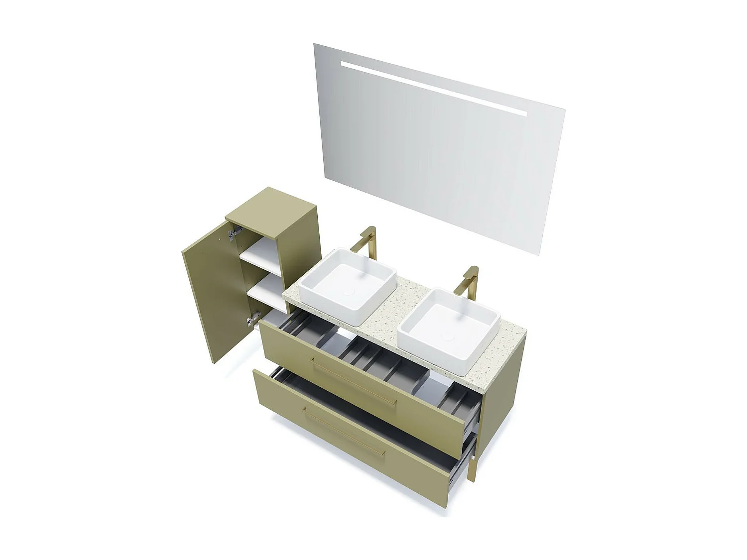 Meuble de salle de bain suspendu 2 vasques à poser 120cm 2 tiroirs Vert olive + miroir - Glasgow