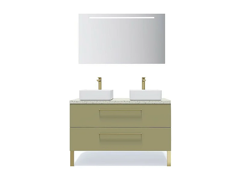 Meuble de salle de bain suspendu 2 vasques à poser 120cm 2 tiroirs Vert olive + miroir - Glasgow