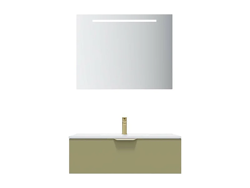 Meuble de salle de bain suspendu vasque intégrée 90cm 1 tiroir Vert olive + miroir - Venice