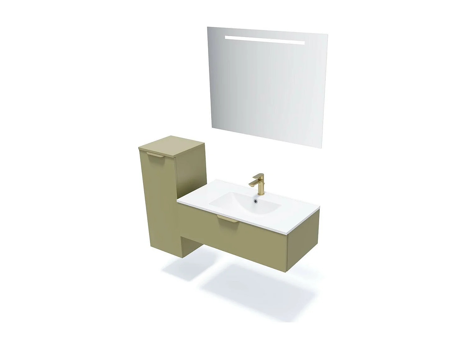 Meuble de salle de bain suspendu vasque intégrée 90cm 1 tiroir Vert olive + miroir - Venice