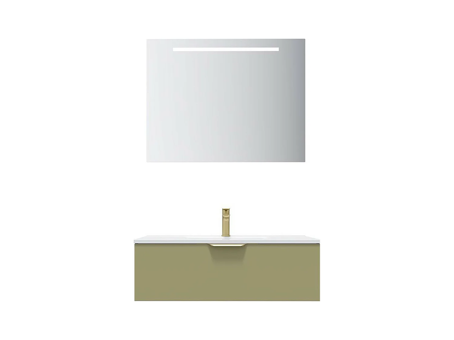 Meuble de salle de bain suspendu vasque intégrée 90cm 1 tiroir Vert olive + miroir - Venice