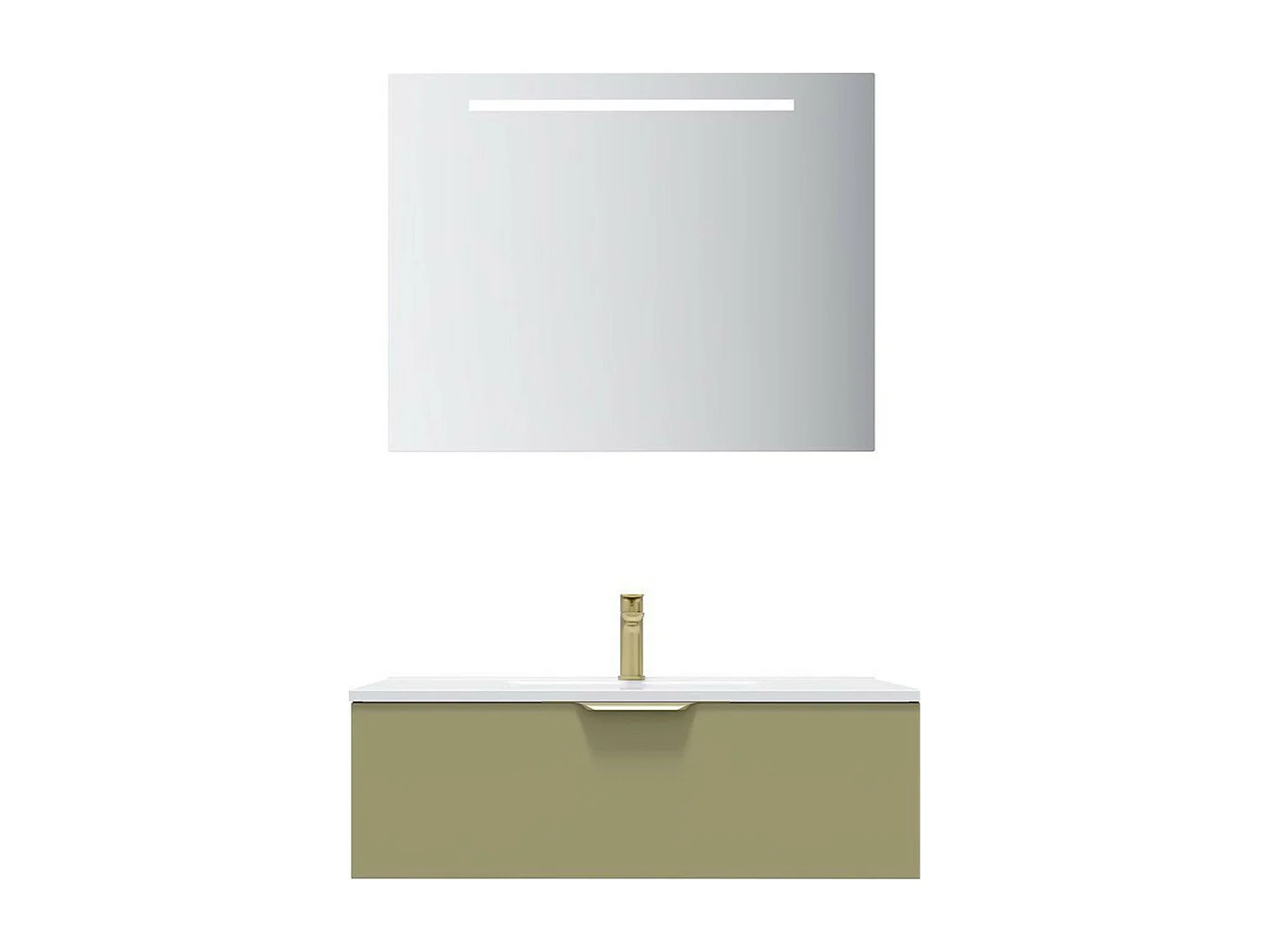 Meuble de salle de bain suspendu vasque intégrée 90cm 1 tiroir Vert olive + miroir - Venice