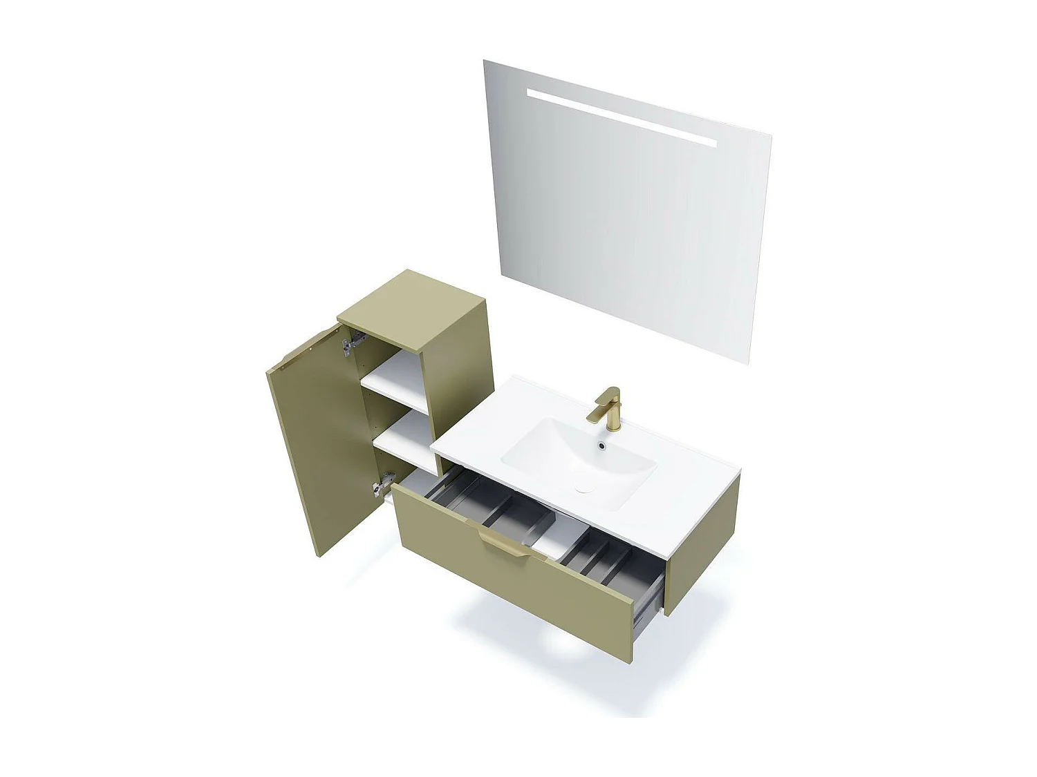 Meuble de salle de bain suspendu vasque intégrée 90cm 1 tiroir Vert olive + miroir - Venice