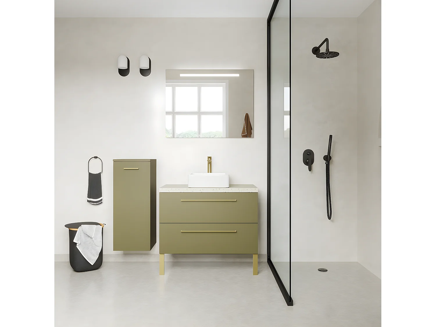 Meuble de salle de bain suspendu vasque à poser 90cm 2 tiroirs Vert olive + miroir - Glasgow
