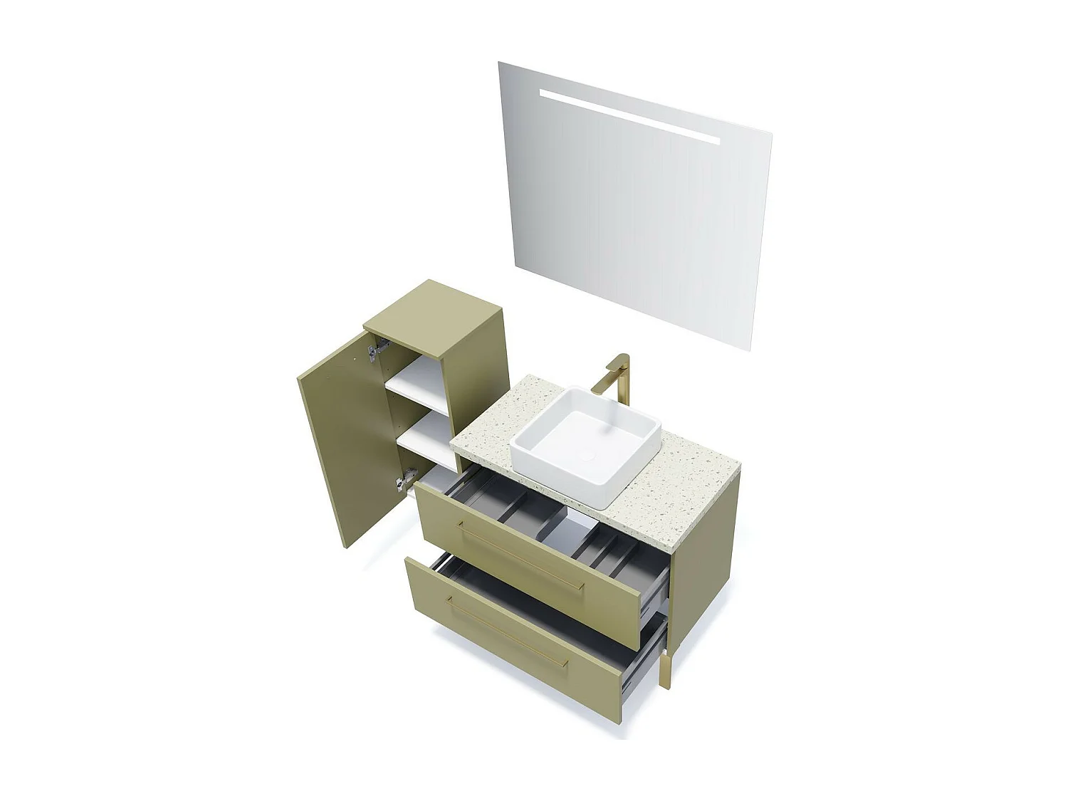 Meuble de salle de bain suspendu vasque à poser 90cm 2 tiroirs Vert olive + miroir - Glasgow