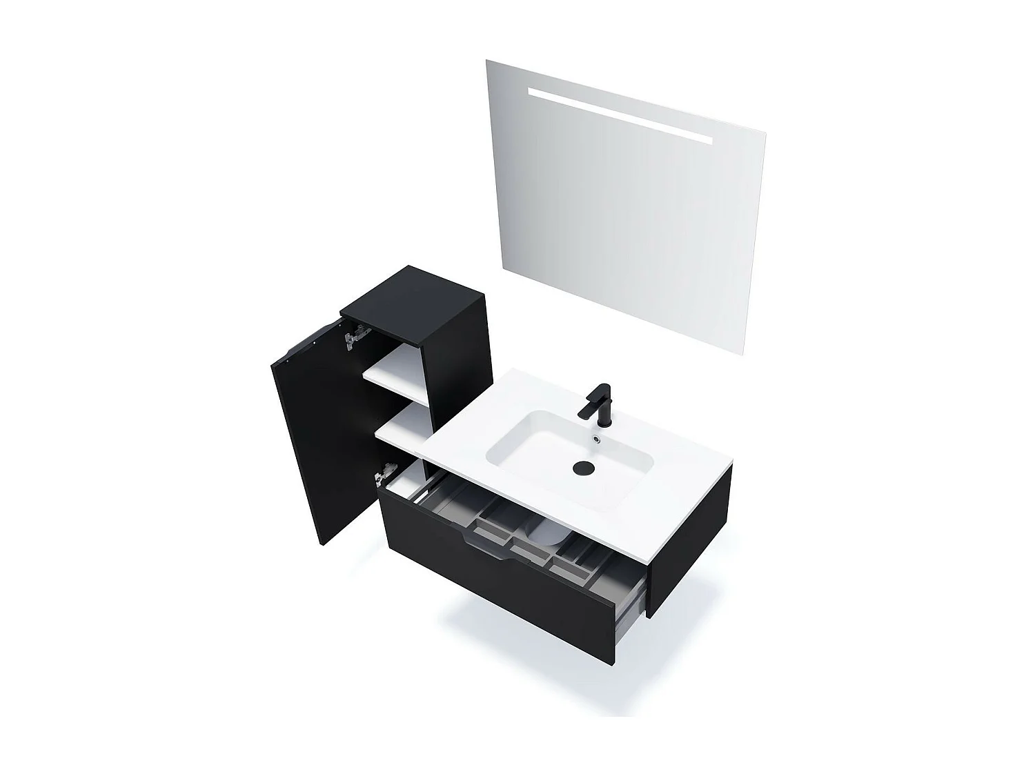 Meuble de salle de bain suspendu vasque intégrée 90cm 1 tiroir Noir + miroir - Soho