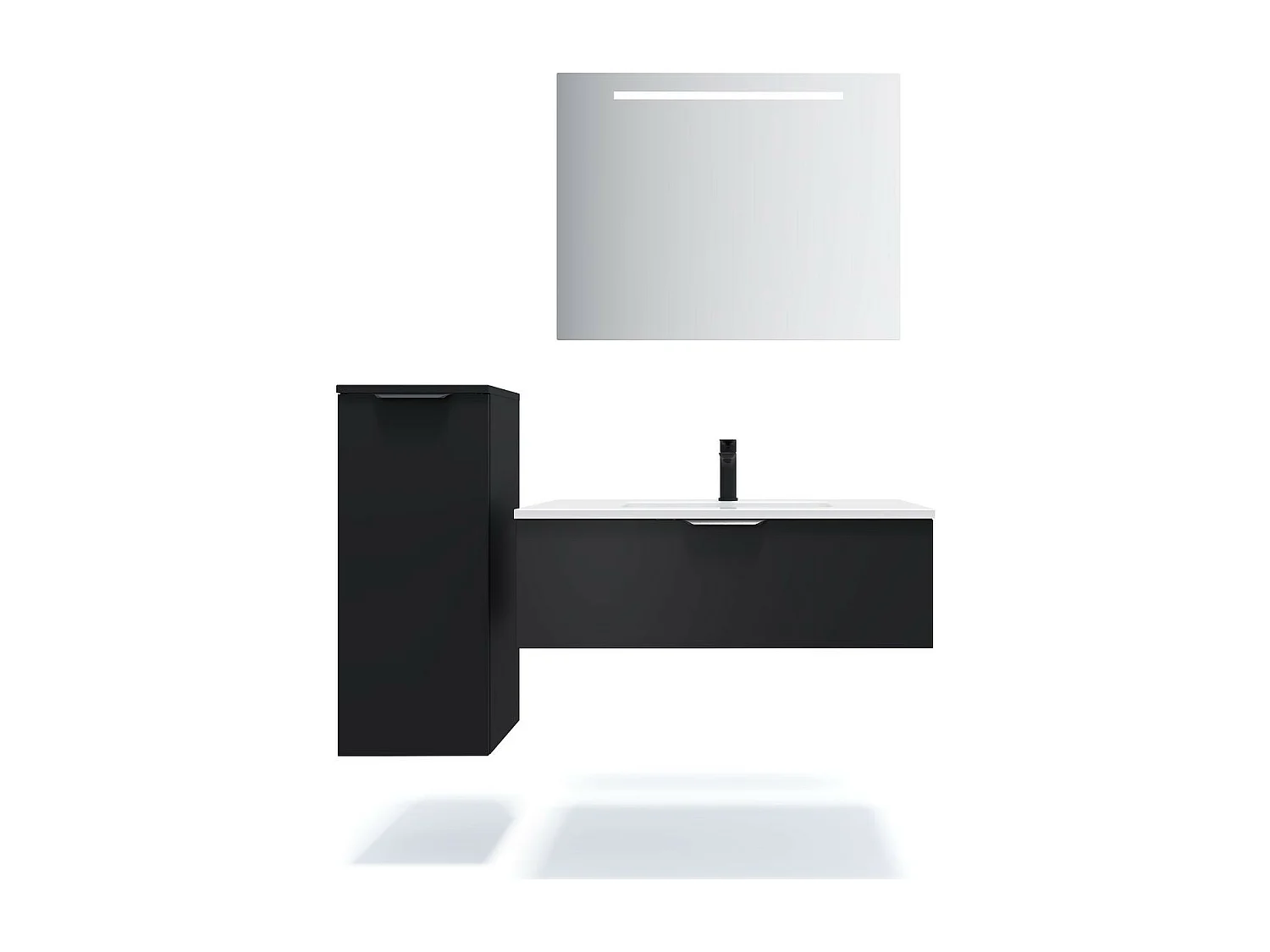 Meuble de salle de bain suspendu vasque intégrée 90cm 1 tiroir Noir + miroir - Soho