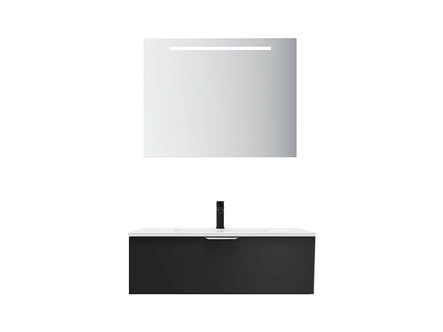 Meuble de salle de bain suspendu vasque intégrée 90cm 1 tiroir Noir + miroir - Soho
