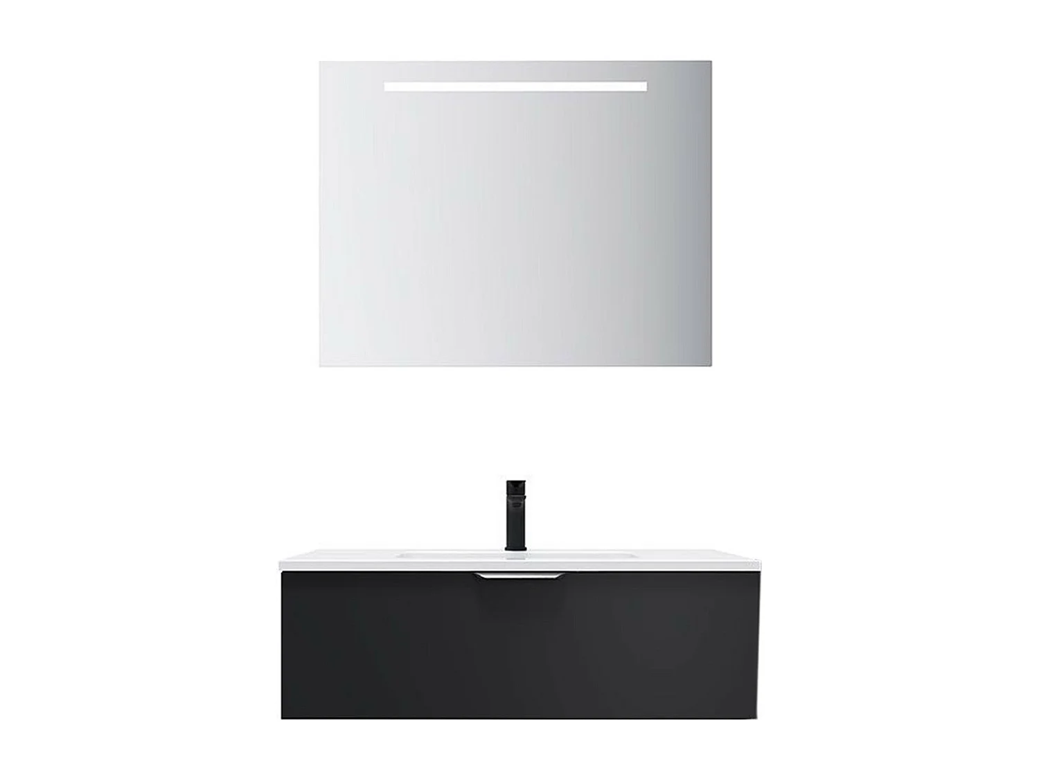 Meuble de salle de bain suspendu vasque intégrée 90cm 1 tiroir Noir + miroir - Soho