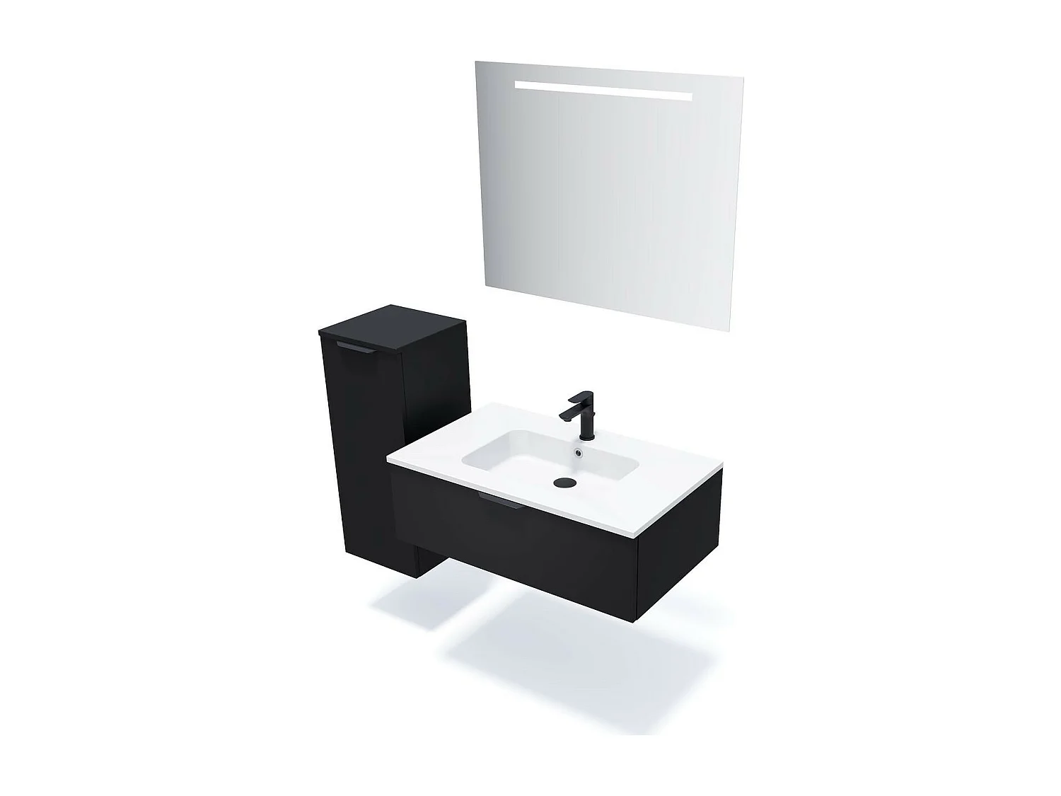 Meuble de salle de bain suspendu vasque intégrée 90cm 1 tiroir Noir + miroir - Soho