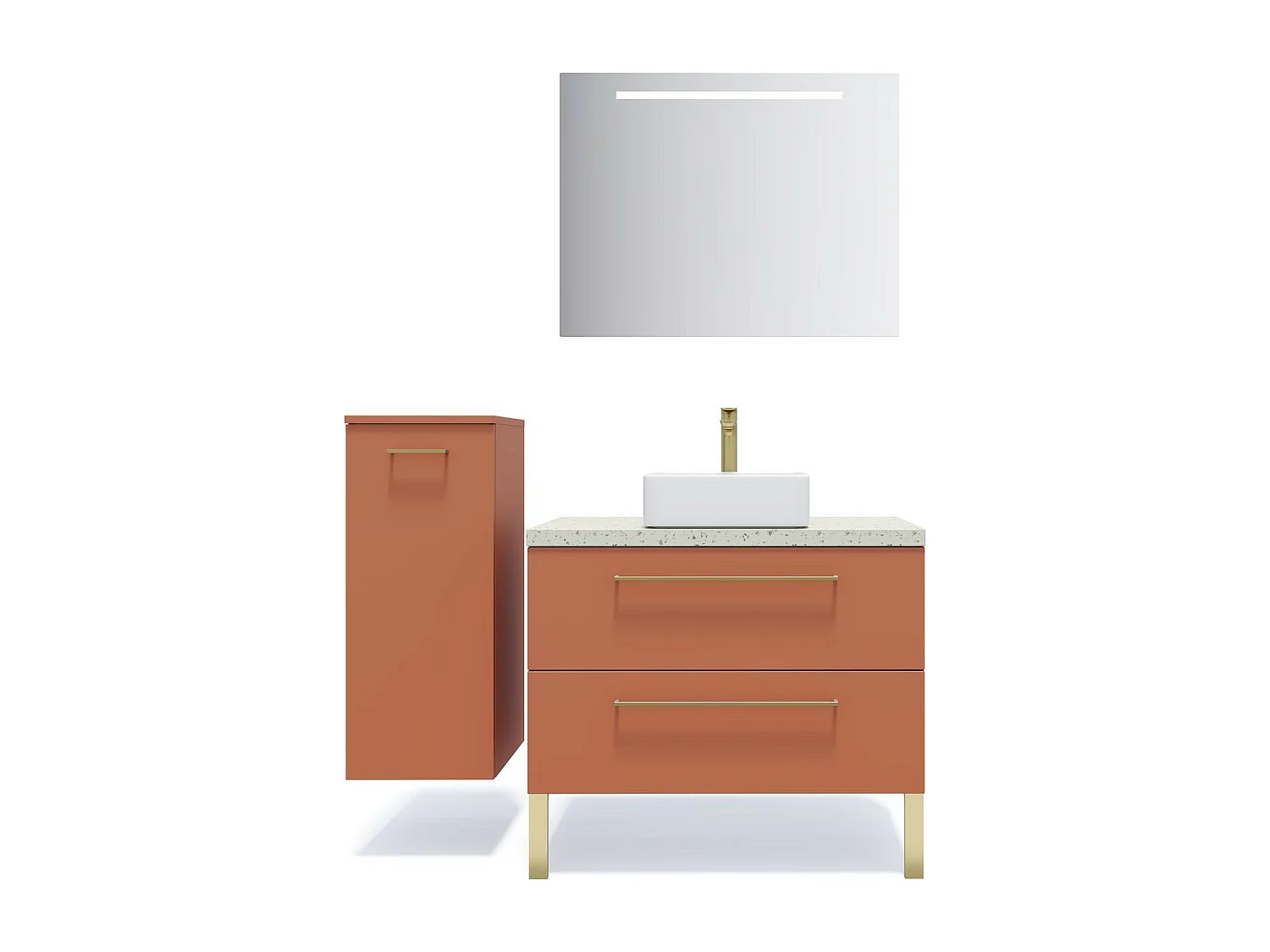 Meuble de salle de bain suspendu vasque à poser 90cm 2 tiroirs Terracotta + miroir - Glasgow