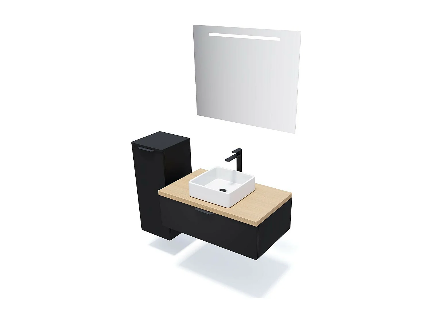 Meuble de salle de bain suspendu vasque à poser 90cm 1 tiroir Noir + miroir - Soho