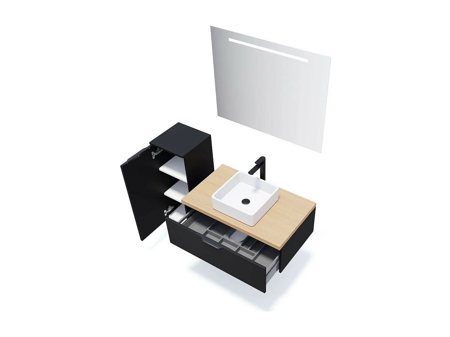 Meuble de salle de bain suspendu vasque à poser 90cm 1 tiroir Noir + miroir - Soho
