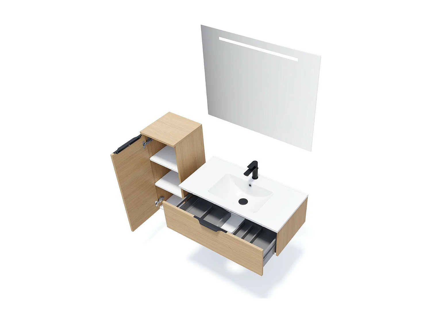 Meuble de salle de bain suspendu vasque intégrée 90cm 1 tiroir Chêne clair + miroir - Venice