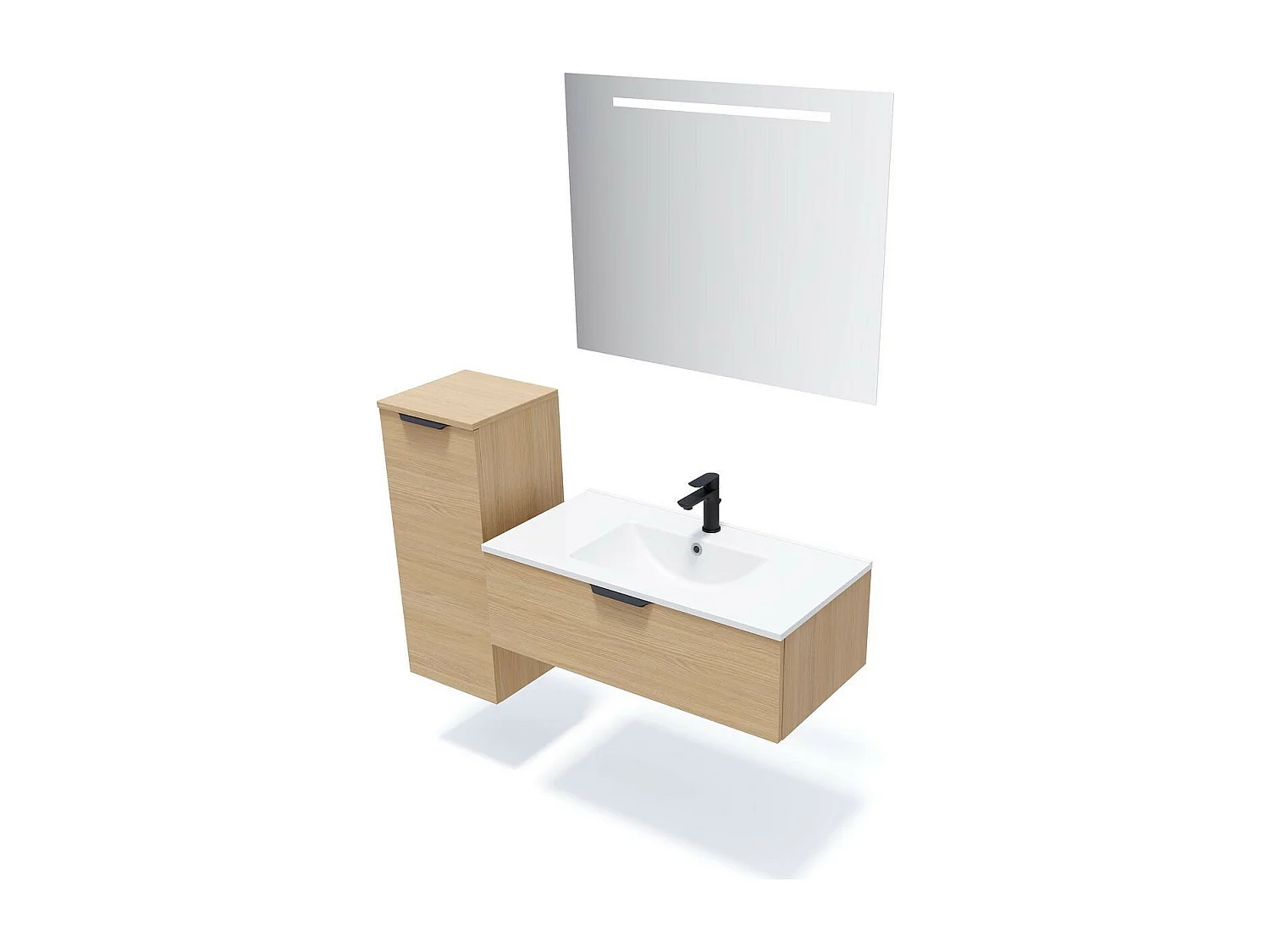Meuble de salle de bain suspendu vasque intégrée 90cm 1 tiroir Chêne clair + miroir - Venice