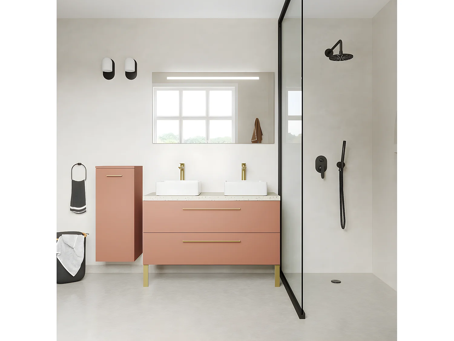 Meuble de salle de bain suspendu 2 vasques à poser 120cm 2 tiroirs Abricot + miroir - Glasgow