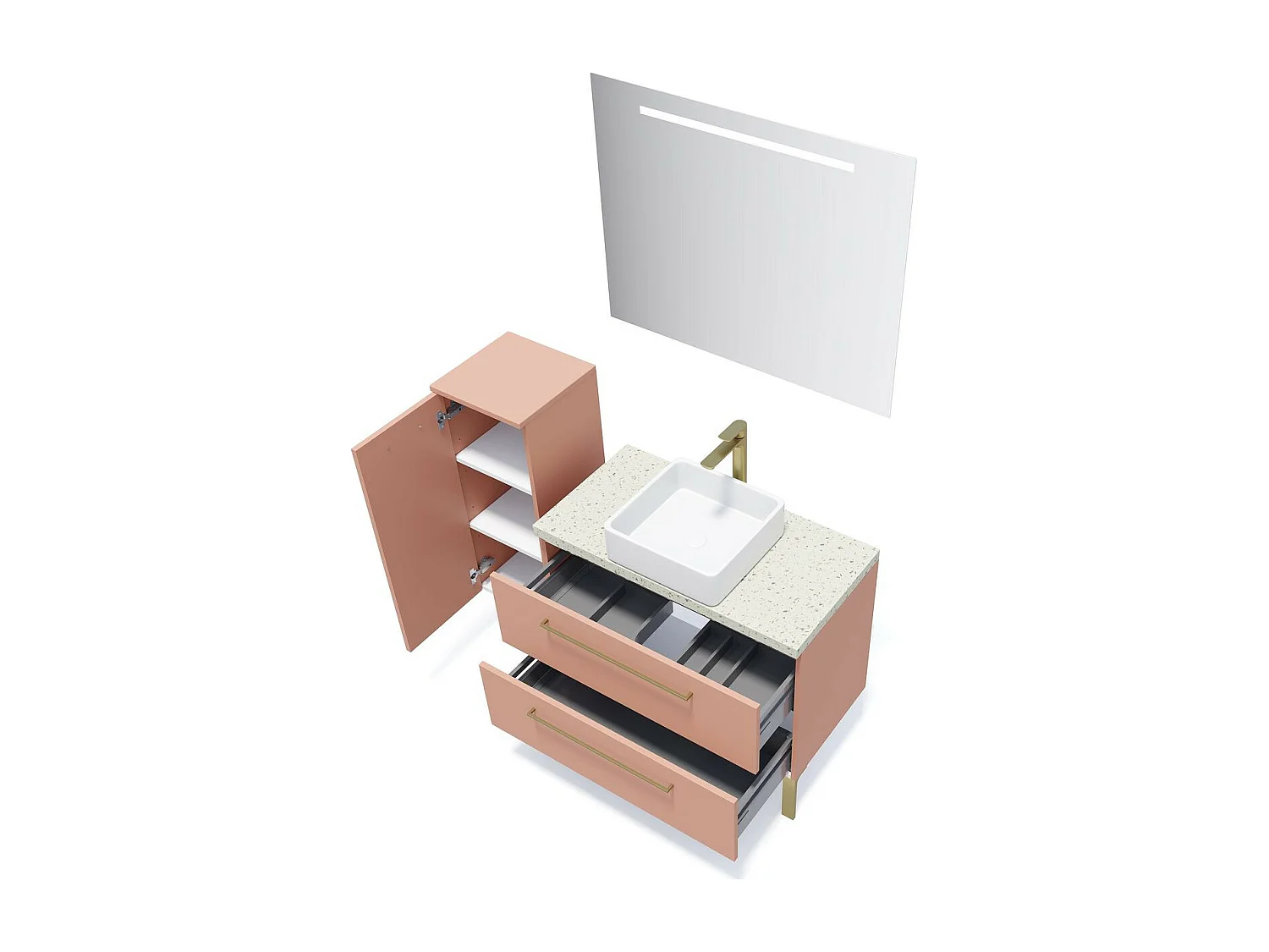 Meuble de salle de bain suspendu vasque à poser 90cm 2 tiroirs Abricot + miroir - Glasgow