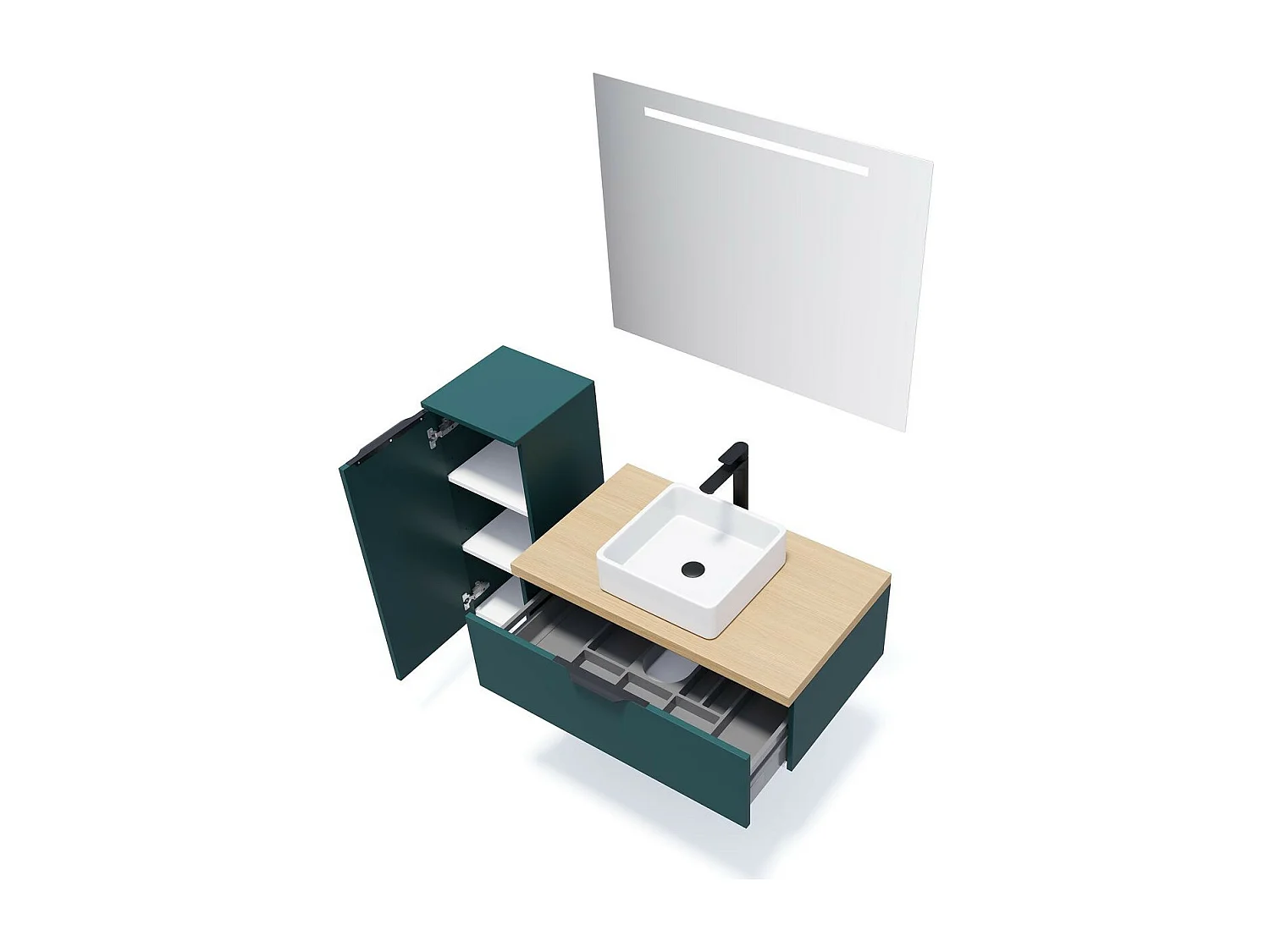 Meuble de salle de bain suspendu vasque à poser 90cm 1 tiroir Bleu + miroir - Soho