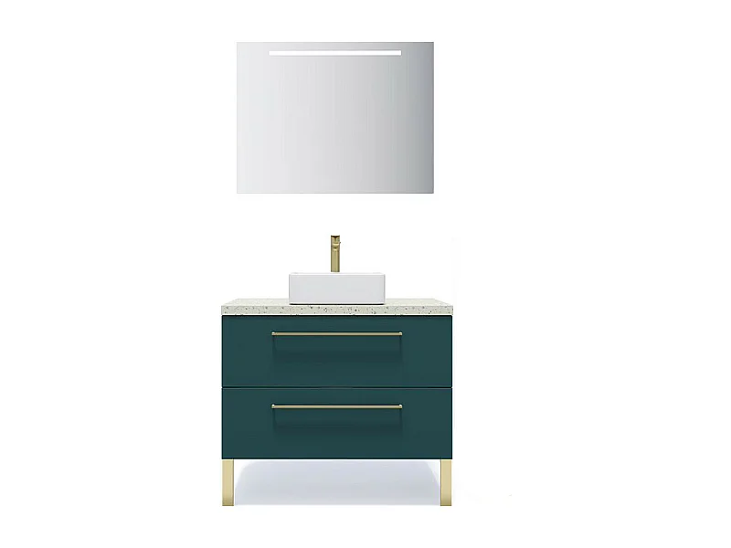 Meuble de salle de bain suspendu vasque à poser 90cm 2 tiroirs Bleu + miroir - Glasgow