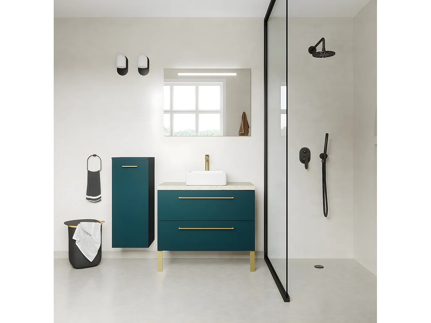 Meuble de salle de bain suspendu vasque à poser 90cm 2 tiroirs Bleu + miroir - Glasgow