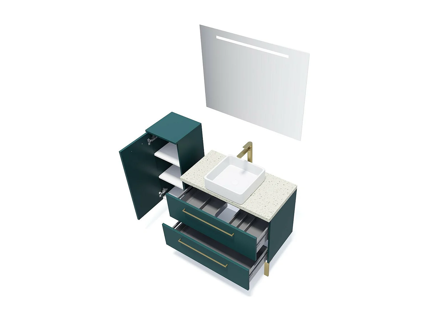 Meuble de salle de bain suspendu vasque à poser 90cm 2 tiroirs Bleu + miroir - Glasgow