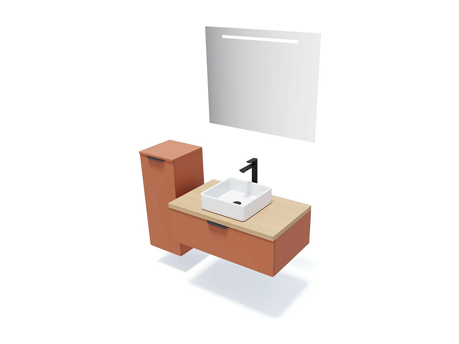 Meuble de salle de bain suspendu vasque à poser 90cm 1 tiroir Terracotta + miroir - Soho