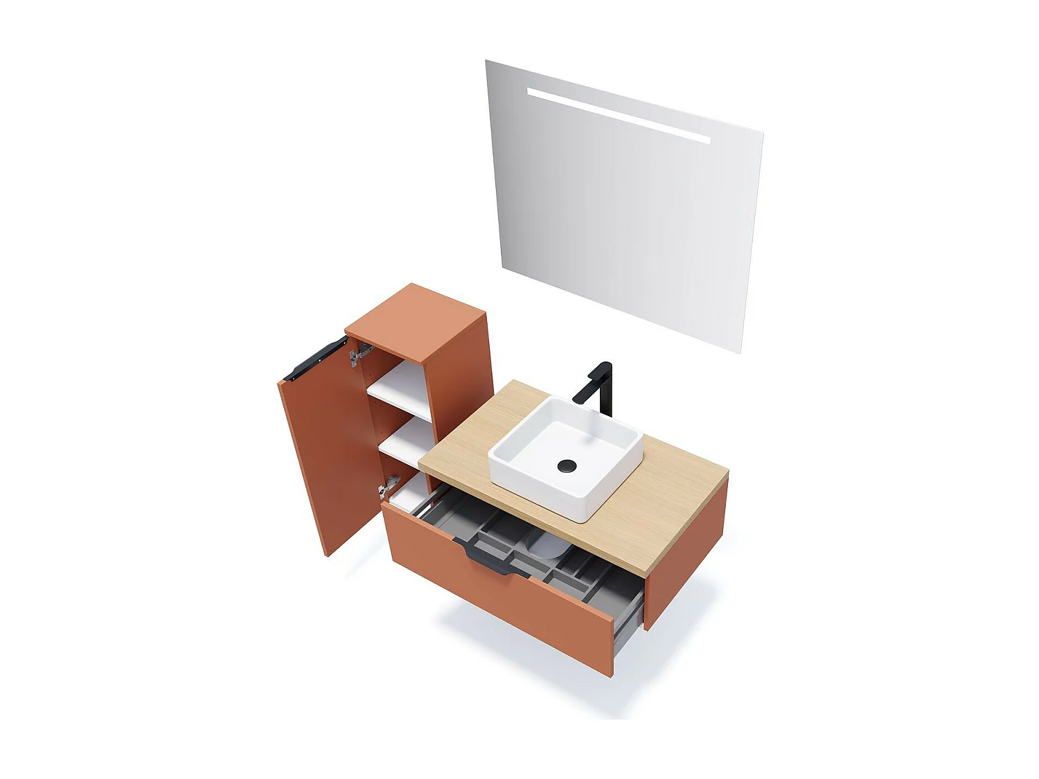 Meuble de salle de bain suspendu vasque à poser 90cm 1 tiroir Terracotta + miroir - Soho