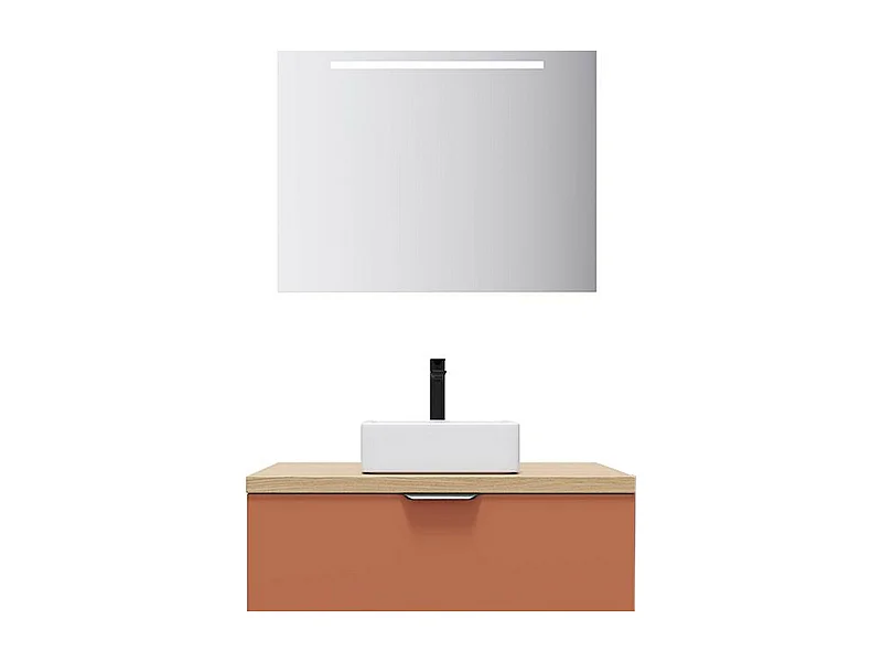 Meuble de salle de bain suspendu vasque à poser 90cm 1 tiroir Terracotta + miroir - Soho