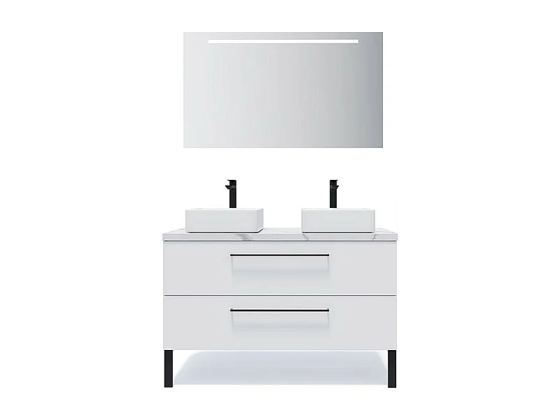 Meuble de salle de bain suspendu 2 vasques à poser 120cm 2 tiroirs Blanc + miroir - Glasgow