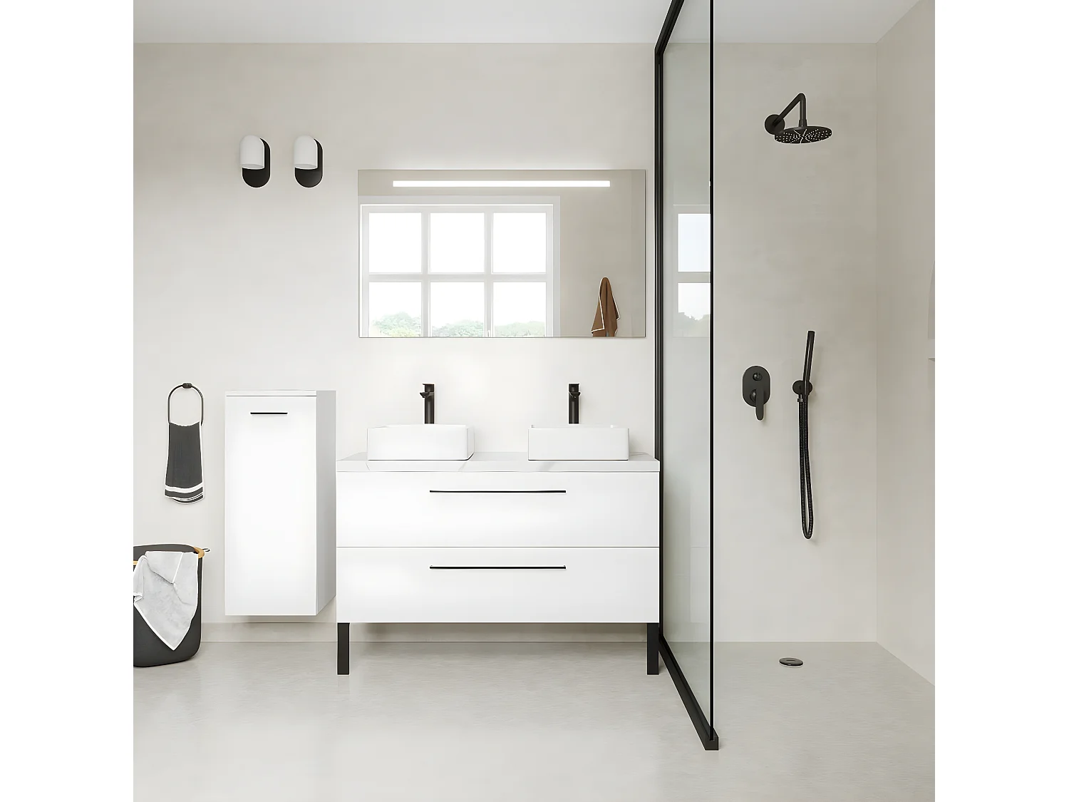Meuble de salle de bain suspendu 2 vasques à poser 120cm 2 tiroirs Blanc + miroir - Glasgow