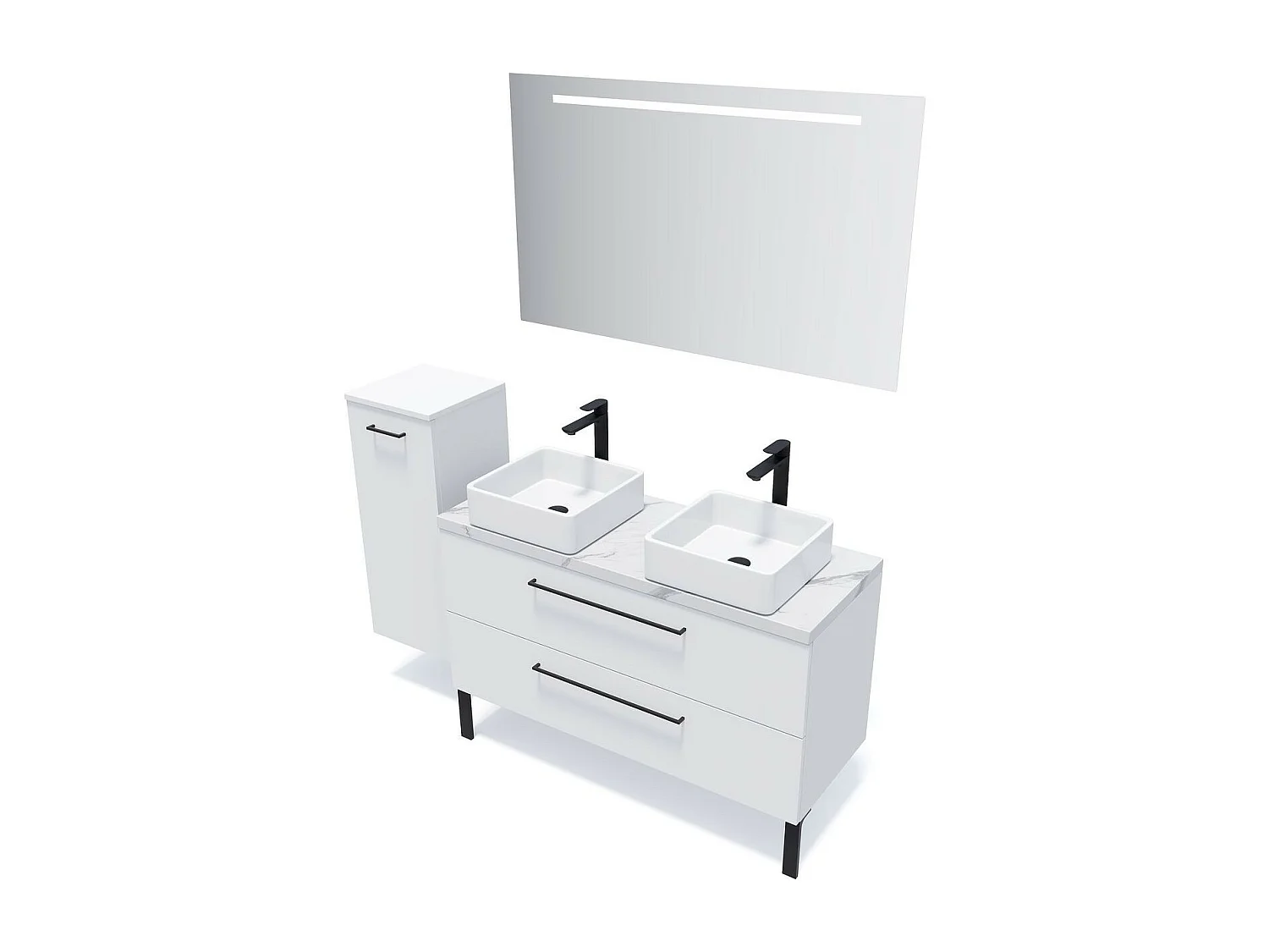 Meuble de salle de bain suspendu 2 vasques à poser 120cm 2 tiroirs Blanc + miroir - Glasgow