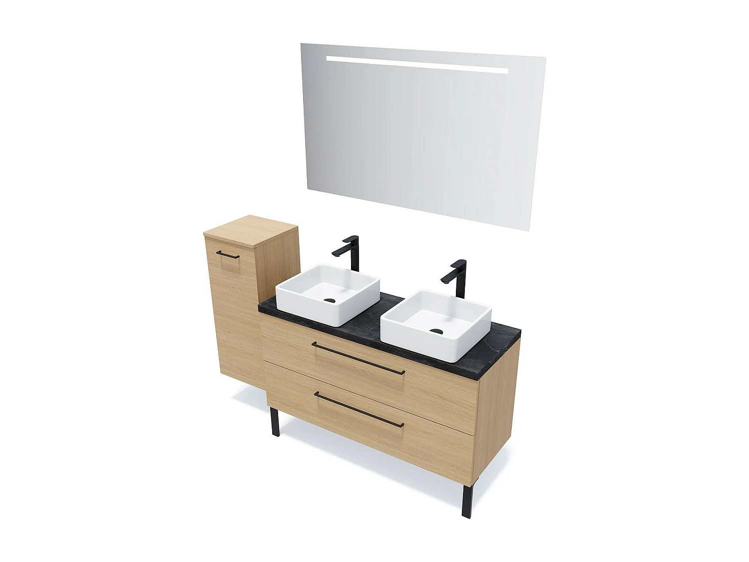 Meuble de salle de bain suspendu 2 vasques à poser 120cm 2 tiroirs Chêne clair + miroir - Glasgow