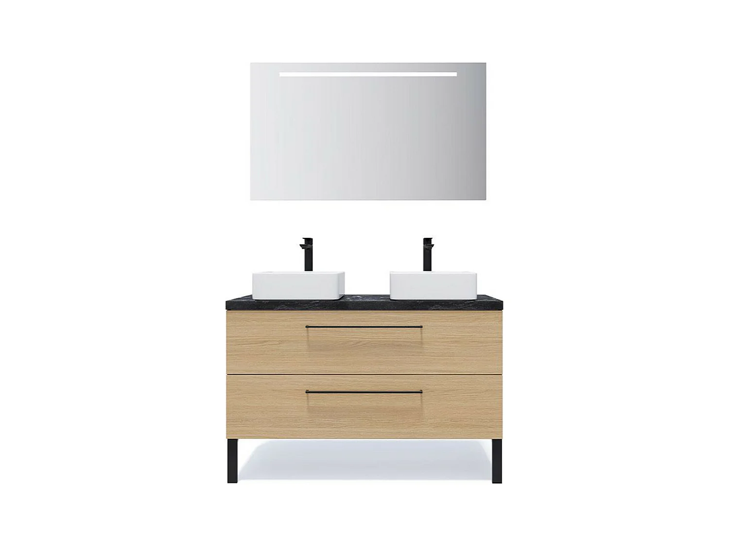 Meuble de salle de bain suspendu 2 vasques à poser 120cm 2 tiroirs Chêne clair + miroir - Glasgow